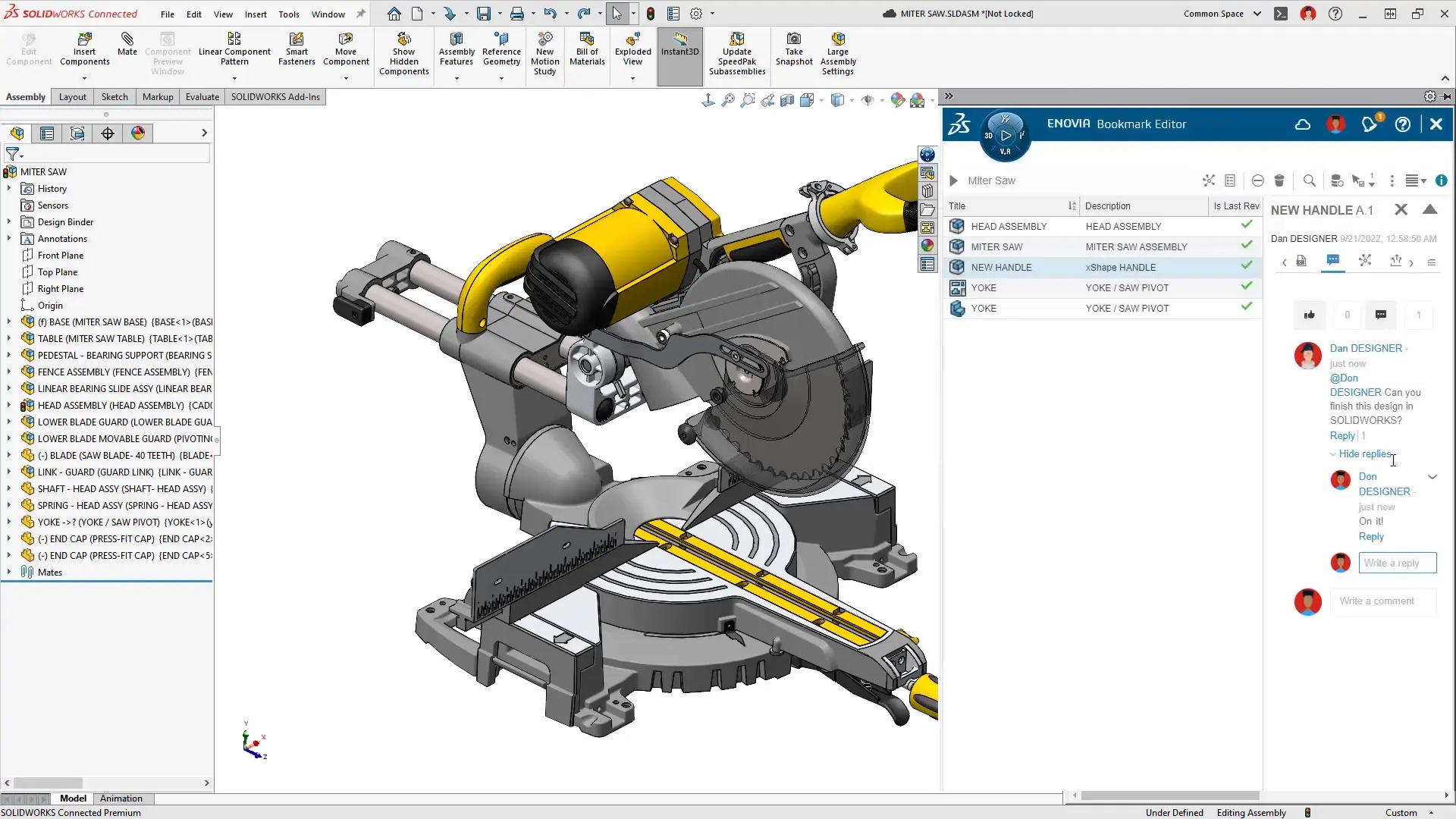 Comments and collaborative tools are visible within SOLIDWORKS task pane, overlaying a model of a yellow and black mitre saw.